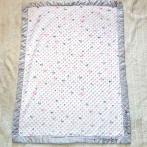 Just Born Oh So Cute Minky White Pink Hearts. Grey Satin Trim Baby Blanket 30x30